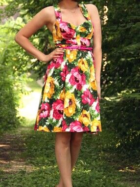London Times Floral Mini/Knee Length Fit-and-Flare Dress in Pink & Yellow Size 8